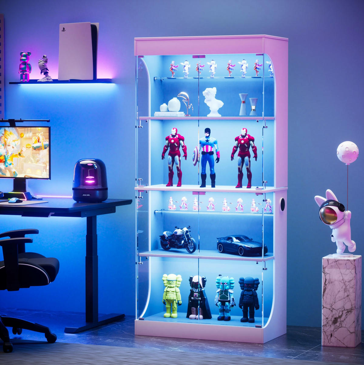 VITRINE 80/35/165 cm in Weiß mit LED-Beleuchtung und USB- und Type-C-Anschlüssen - Weiß, Holzwerkstoff (80/165/35cm) - Flora Grace