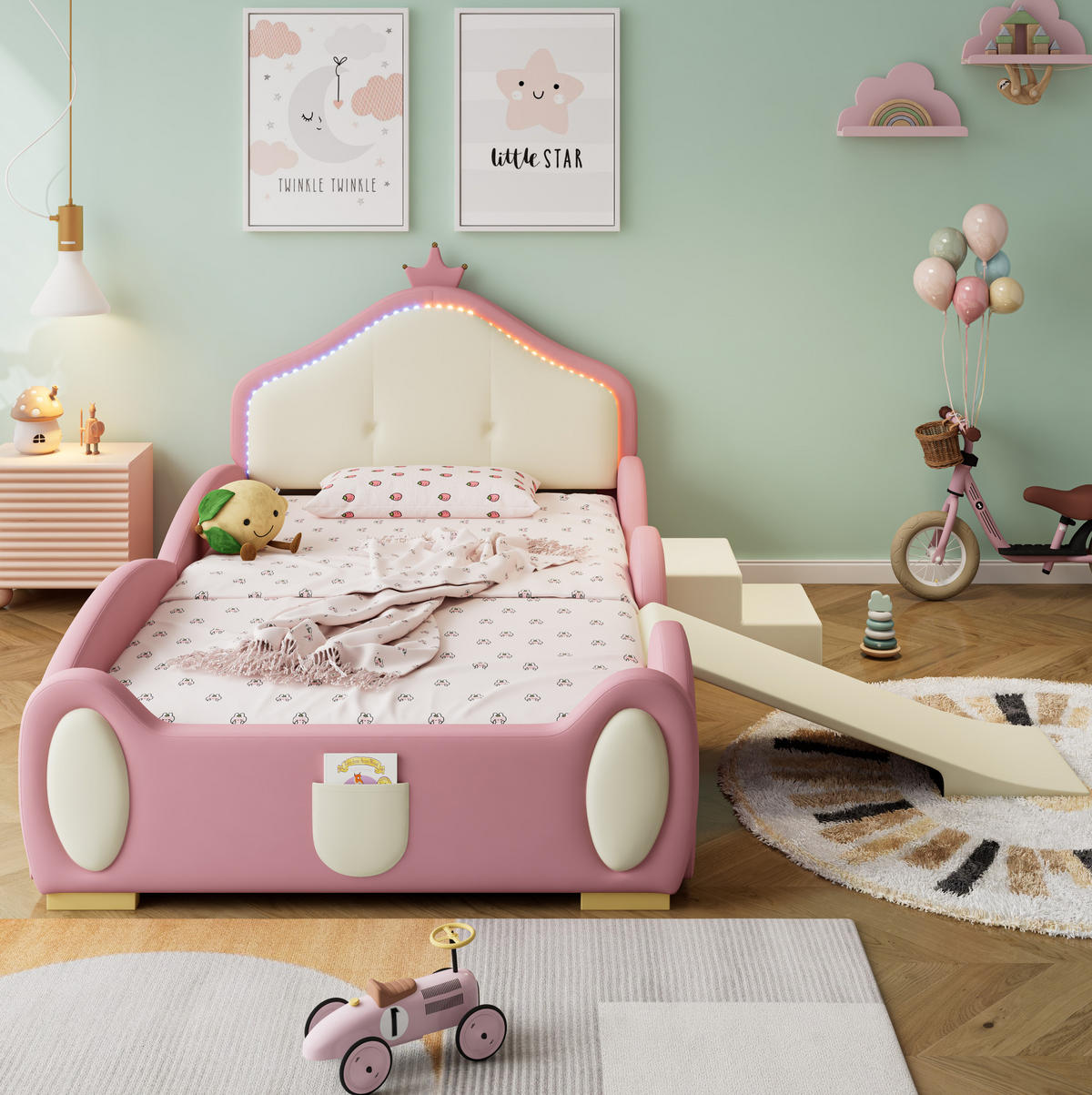 KINDERBETT 90/200 cm Crown Cartoon Rosa mit Rutsche und LED-Beleuchtung aus PU - Rosa, Kunststoff (90/200cm) - OKWISH