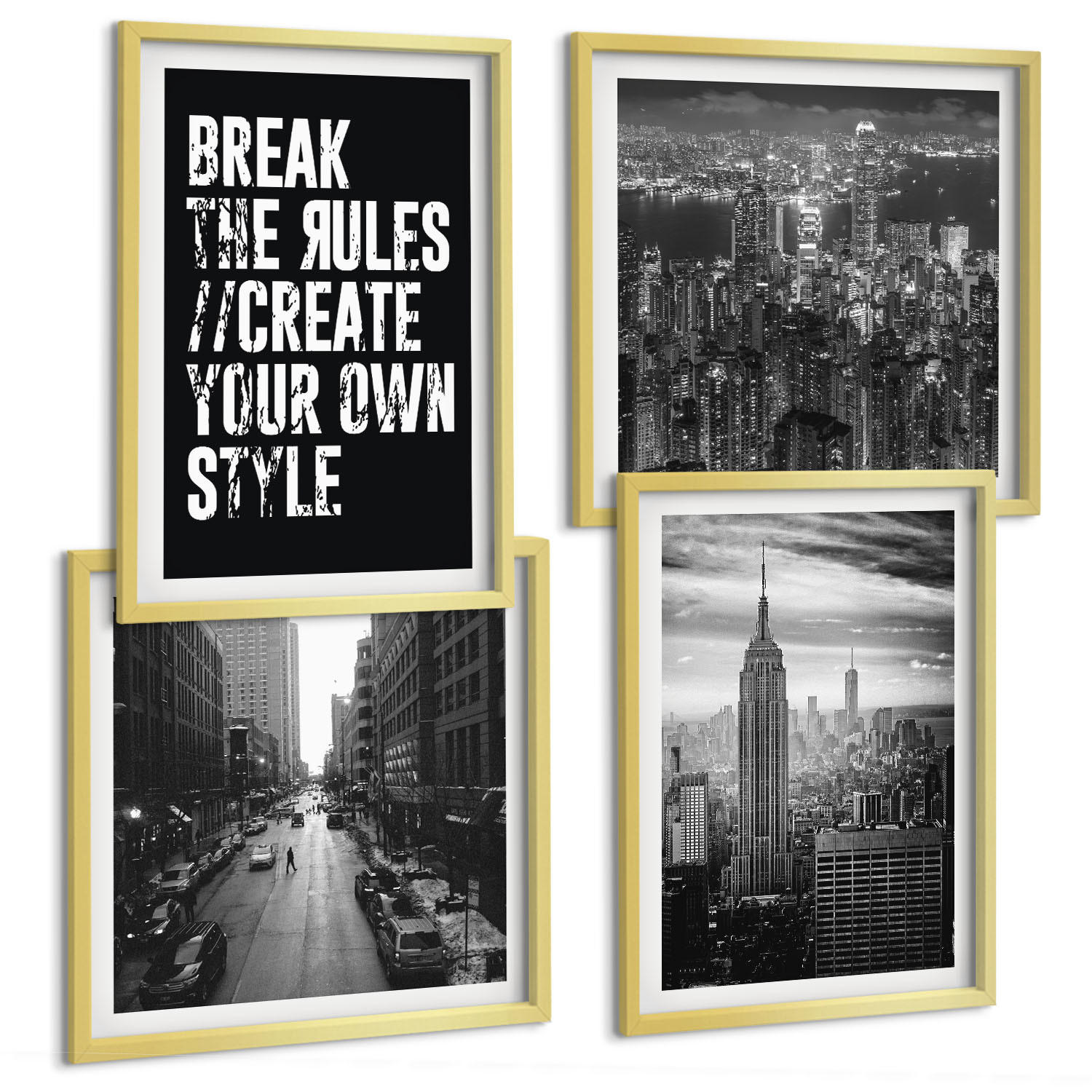 BILDER SET 4er Set - 50x50 cm & 40x60 cm Goldrahmen - Inspiration für Schwarz-Weiß-Darstellungen von Stadtstraßen - Goldfarben, Kunststoff (50/50cm) - TULUP