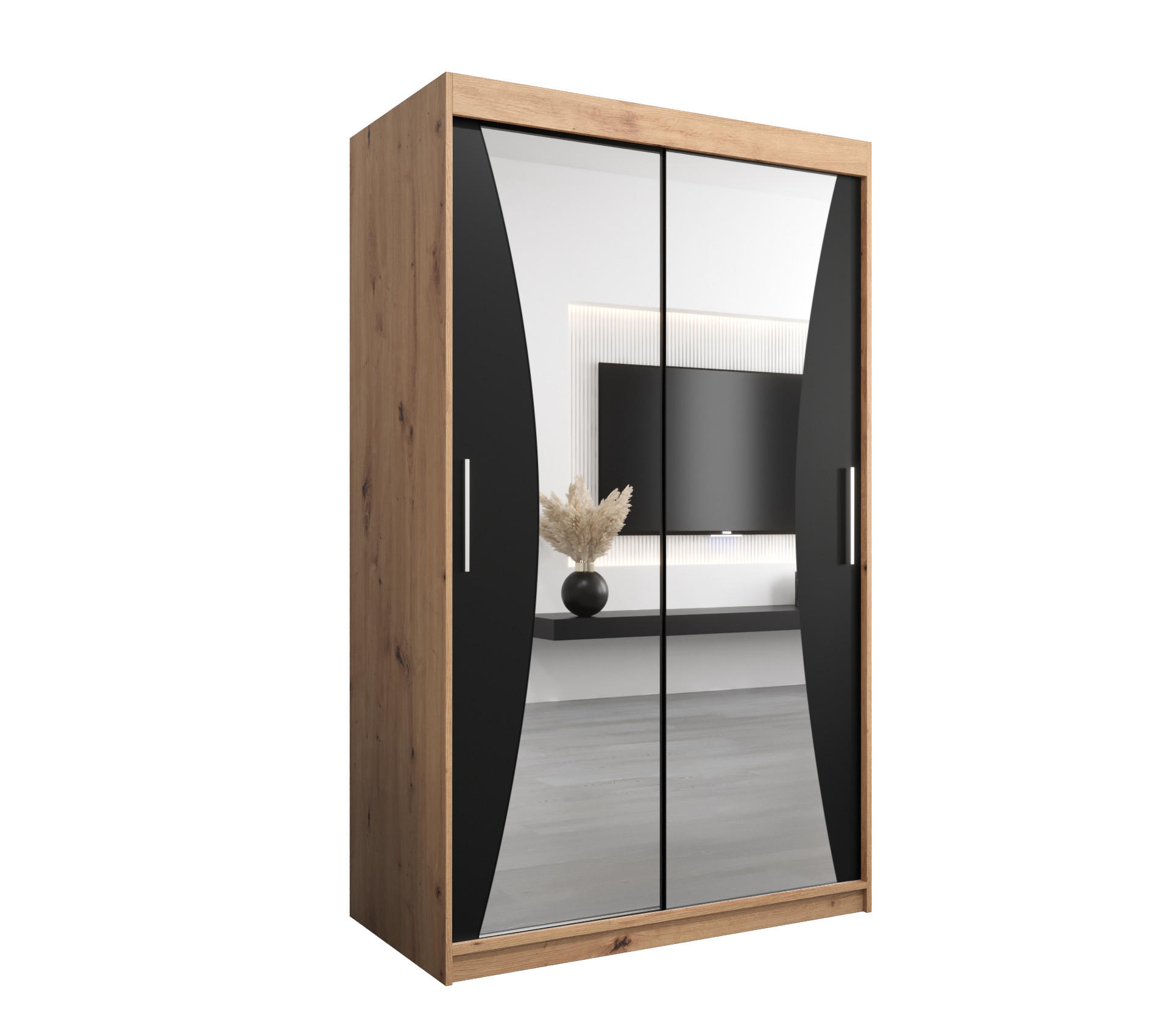 Abiks Möbel Schwebetürenschrank Eiche Artisan, Schwarz 120x200x62 cm