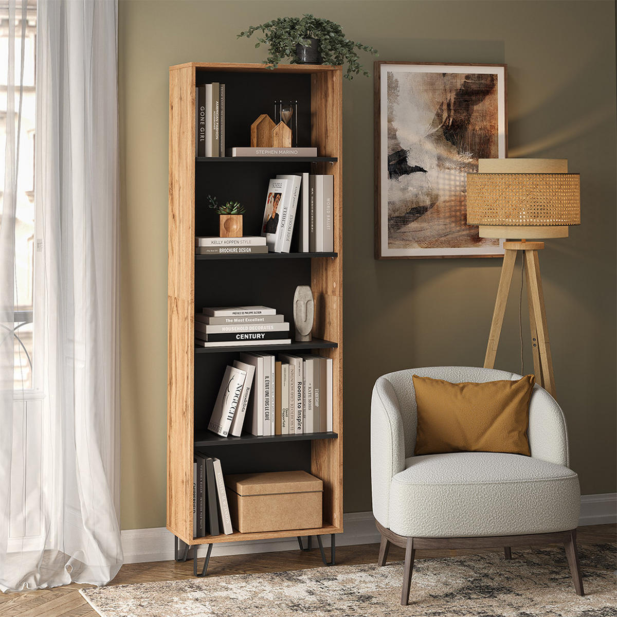 BÜCHERREGAL Amber Eiche Wotan 60 x 186.6 cm - Eiche Wotan/Schwarz, Holzwerkstoff (60/186.6/30.1cm) - Vicco
