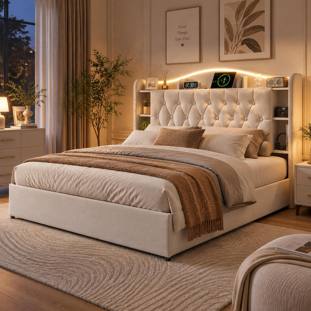 POLSTERBETT 160/200 cm mit Stauraum-Bettkasten, Ablagekopfteil mit Fächern, mehrfarbigem LED & USB, beiger Stoffbezug - Beige, Holz/Metall (160/200cm) - Joyfair
