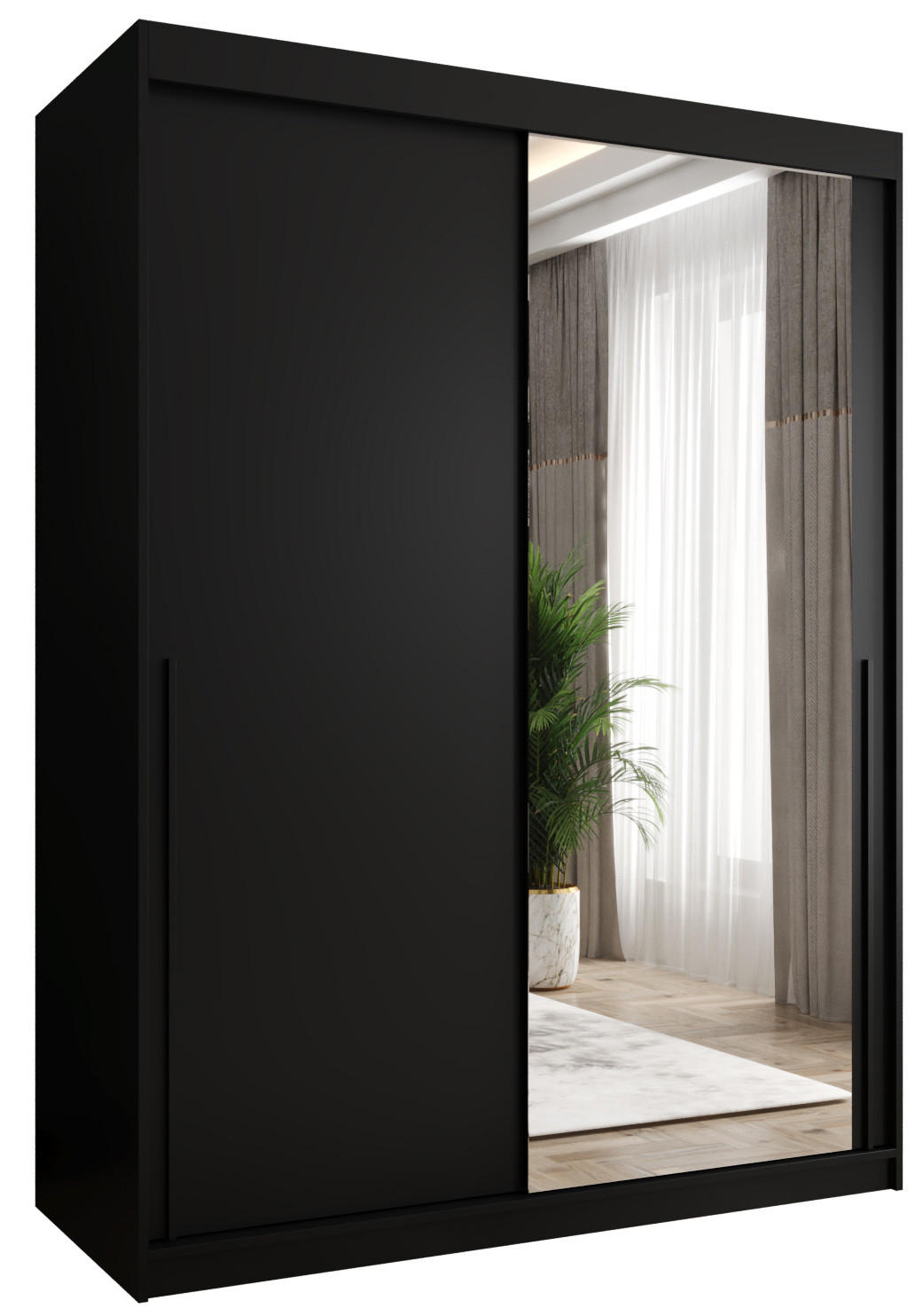 SCHIEBETÜRENSCHRANK mit Spiegel 150 cm Breite, schwarz mit schwarzem Griff - Schwarz, Holzwerkstoff (250/200/62cm) - Home Collective
