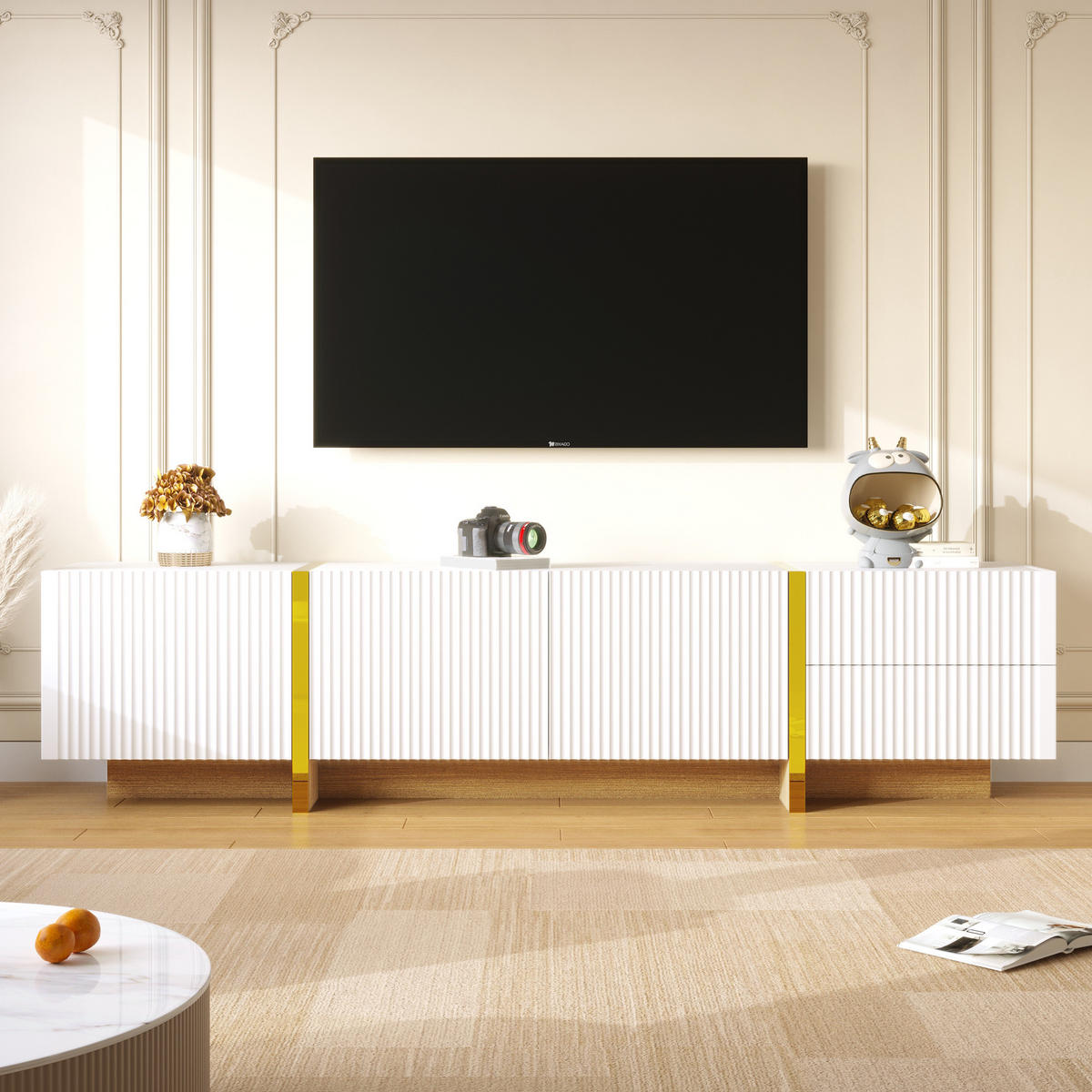 TV-SCHRANK in Weiß-Gold mit Holzmaserung, 3 Türen und 2 Schubladen 190/35/45 cm - Weiß, Holzwerkstoff (190/45/35cm) - Redom