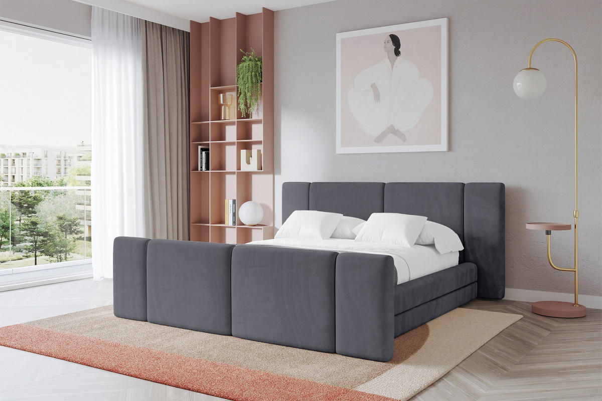 POLSTERBETT mit Bettkasten, Fußteil und Lattenrost, Bett mit Matratze H3/H4 - TEVO-Z 180x200 Dunkelgrau - Dunkelgrau, Holzwerkstoff/Textil (180/200cm) - ALTDECOR
