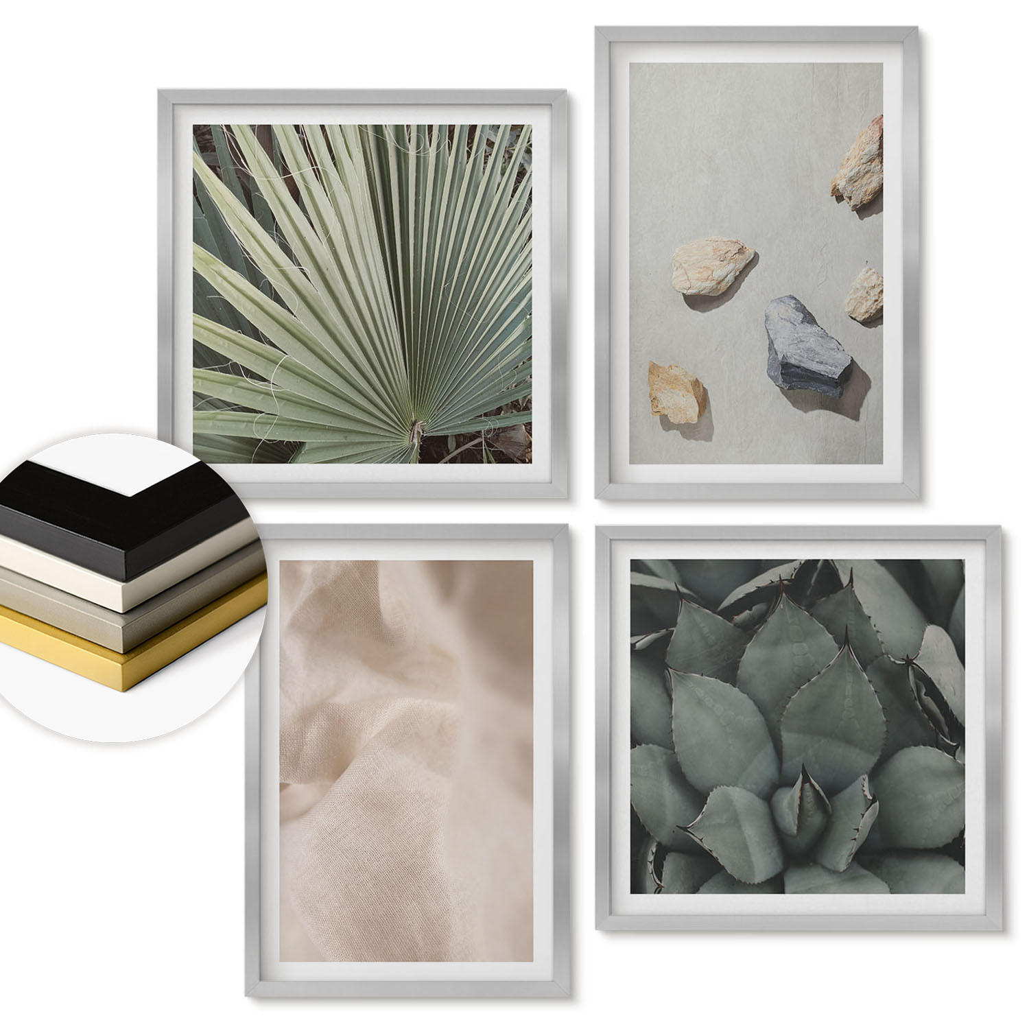WANDBILDER 4er Set - 50x50 cm & 40x60 cm Silberner Rahmen - Steine, Holz, Stofftexturen - Silberfarben, Kunststoff (50/50cm) - ArtPrintCave