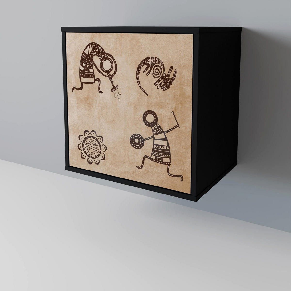 SIDEBOARD AFRICAN STYLE, Schwarz, 57,5x42x67,5 cm, Schwarze Metall-Rahmenfüße - Multicolor/Schwarz, Holzwerkstoff/Metall (57.5/67.5/42cm) - SpaceRebels