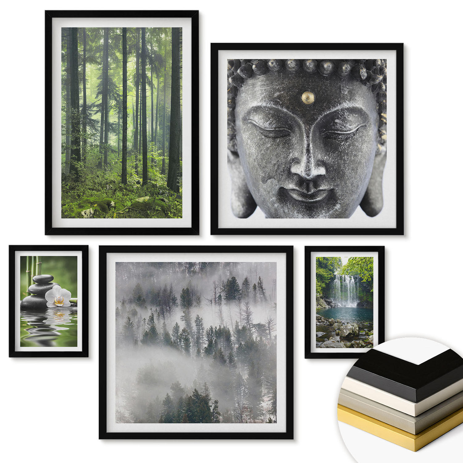 WANDBILDER 5er-Set - 50x50 cm & 20x30 cm & 40x60 cm Schwarzer Rahmen - Harmonie der Natur, Steine, Wasser, Buddha - Schwarz, Kunststoff (40/60cm) - ArtPrintCave
