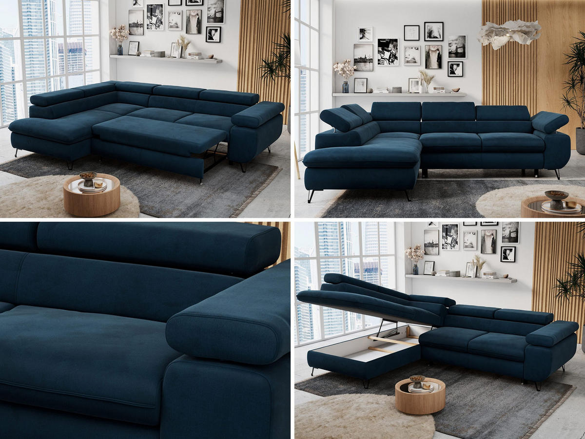 ECKSOFA PETER L Dunkelblau Velvet - Links Seite - Schwarz/Dunkelblau, Textil/Metall (208/273cm) - MKS