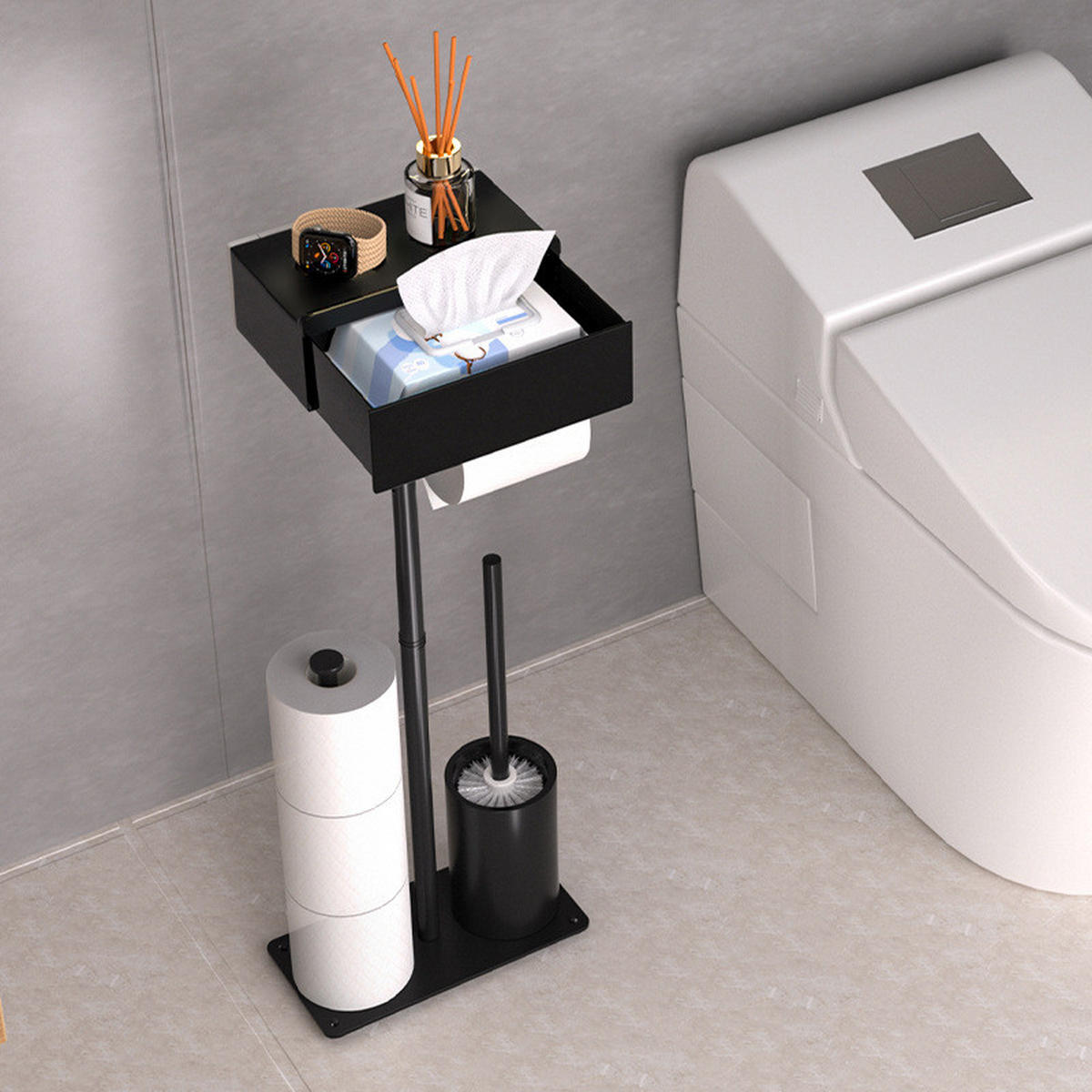 TOILETTENBÜRSTENHALTER – 2-in-1 (Schwarz) 24 x 12 x 69 cm - Schwarz, Metall (12/69/24cm)