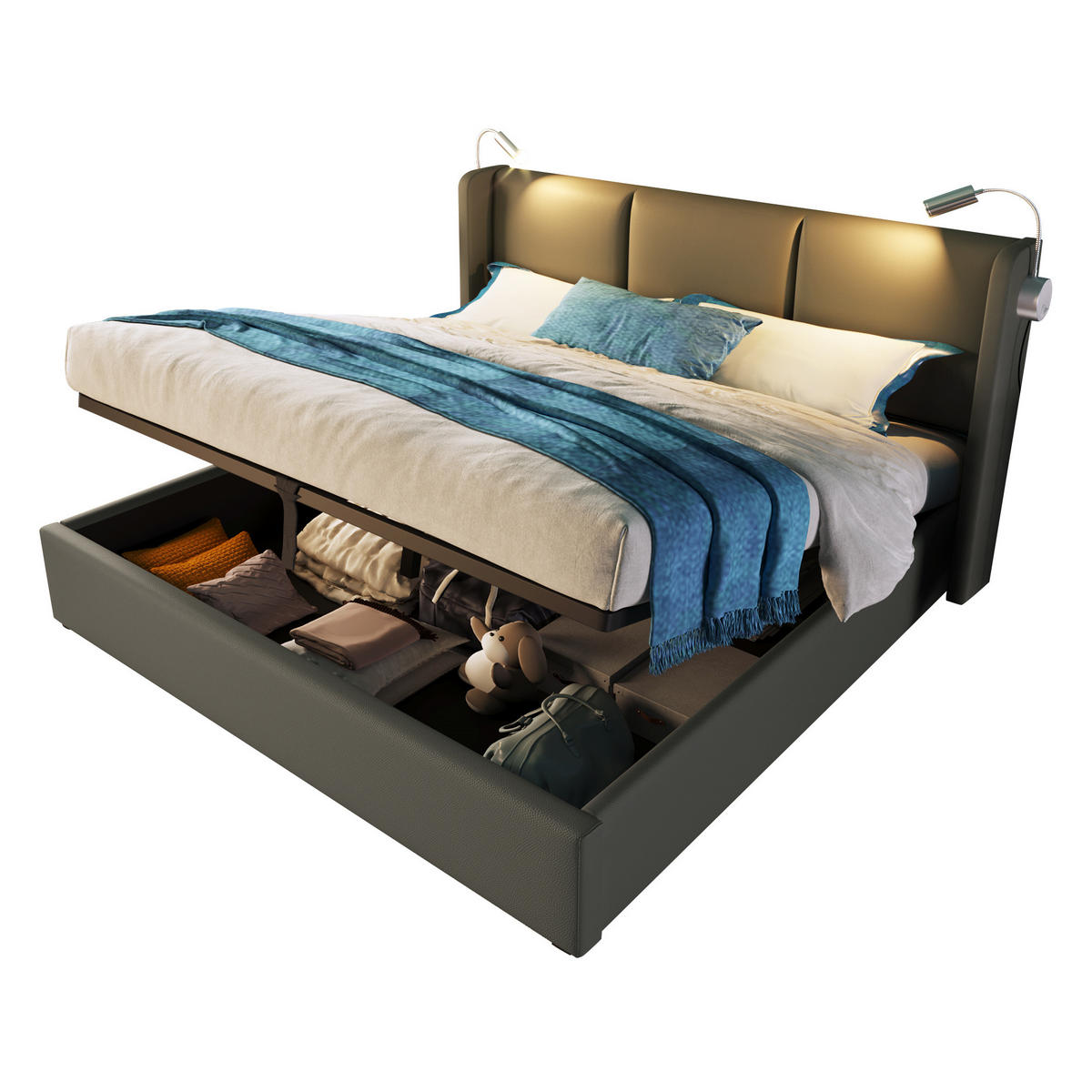 POLSTERBETT aus Kunstleder 160x200 cm in Grau mit LED-Leselicht & USB - Grau, Leder (160/200cm) - Modfu