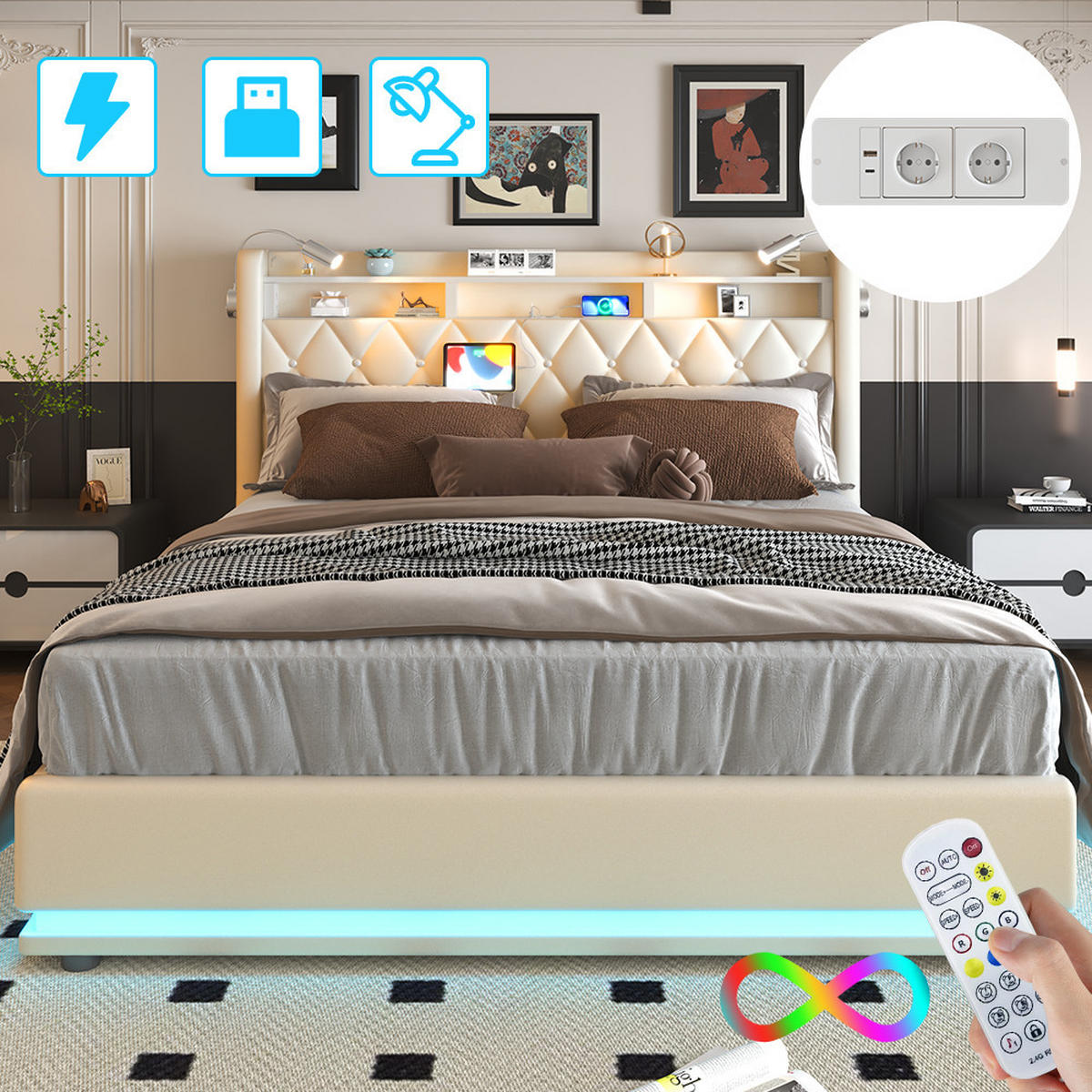 POLSTERBETT 140x190 CM mit LED und USB C- Bettgestell mit Hydraulischem und PU Kopfteil Stauraum, mit 2 Leselampe,2 Personen,Beige,PU - Beige, Metall