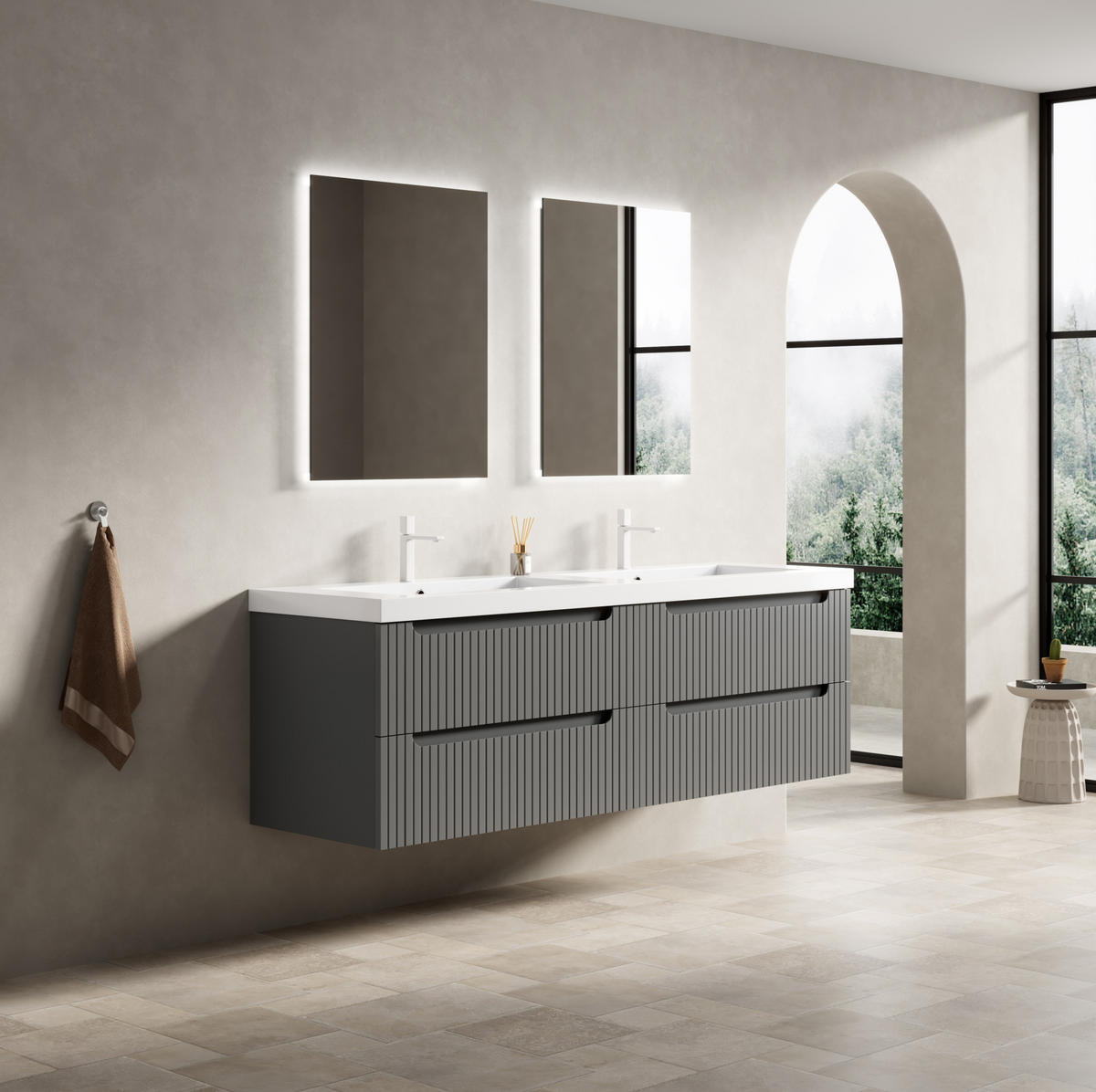 BADEZIMMER-WASCHTISCHKOMBI 160/46/53 cm dunkelgrau aus Mineralwerkstoff und Sperrholz mit 2 Becken und Schubladen - Dunkelgrau, Holzwerkstoff (160/53/46cm) - OKWISH