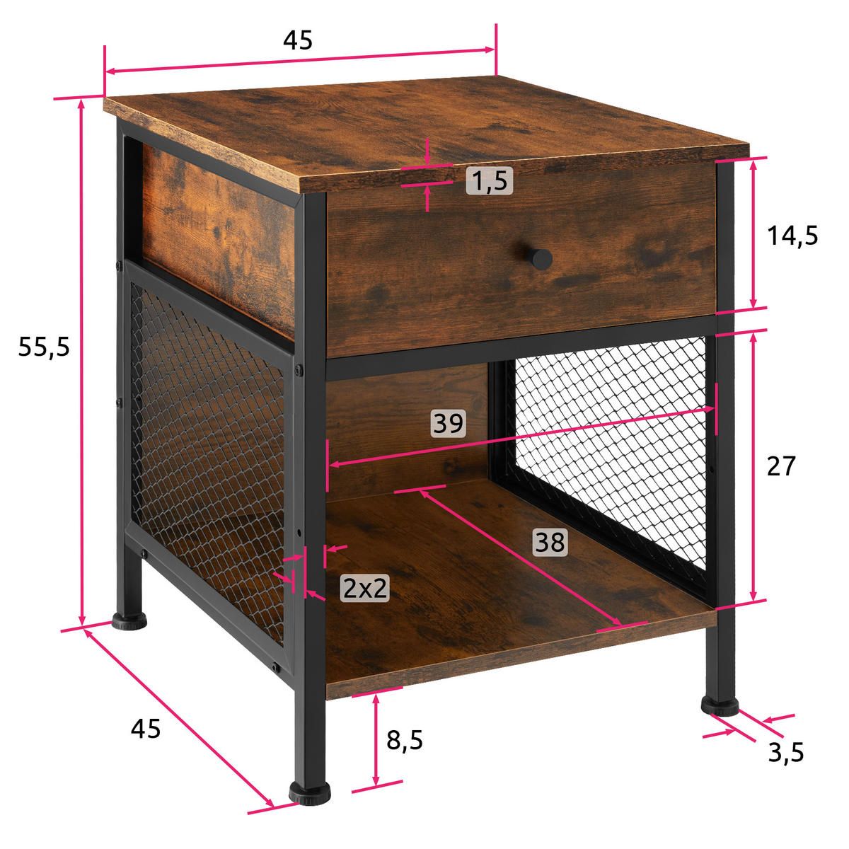 NACHTSCHRANK Killarney, 45 x 46 x 55,5 cm, Industrial Holz dunkel, rustikal - Rostfarben, Holzwerkstoff (45/55.5/46cm) - tectake