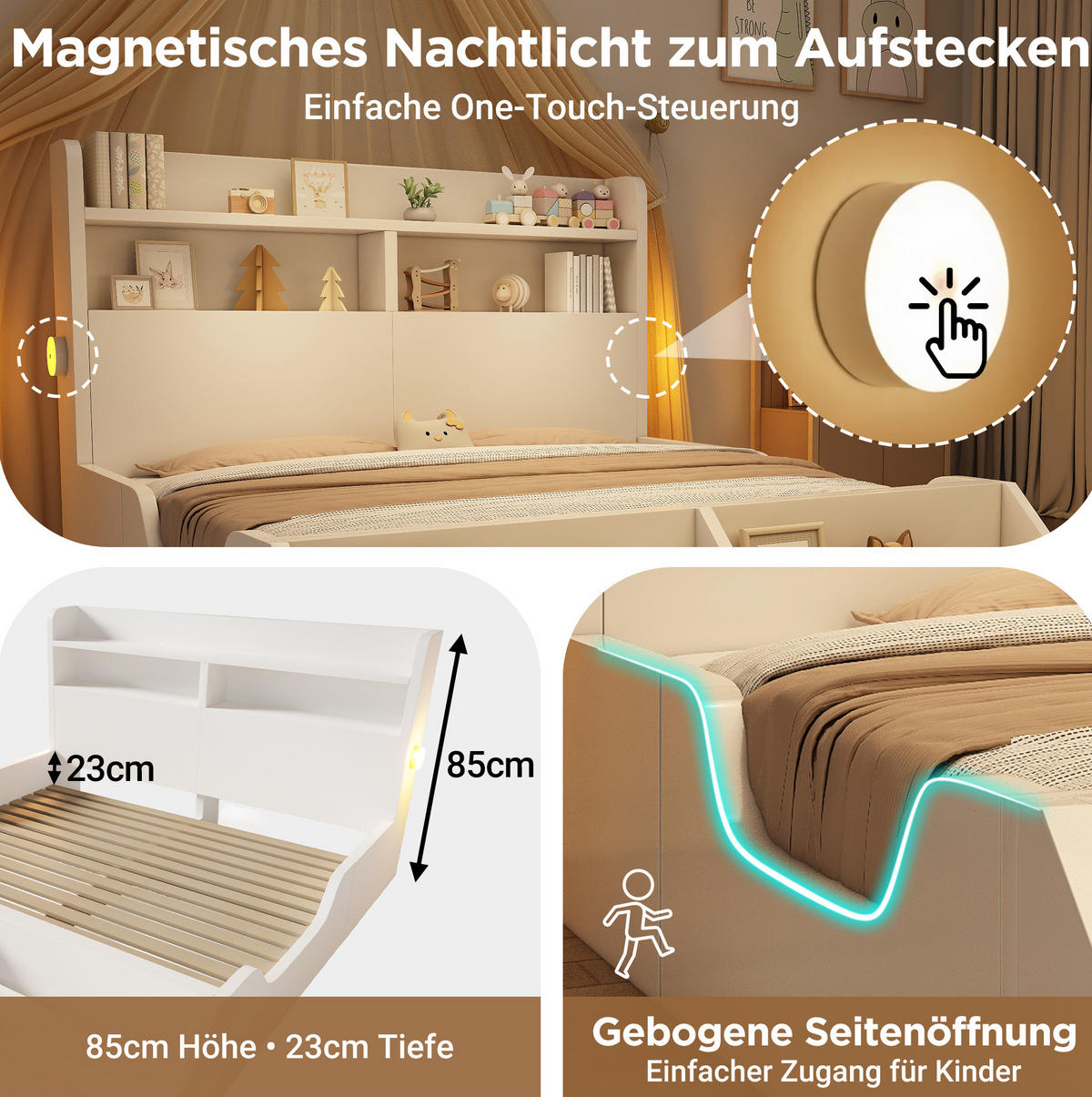 KINDERBETT 140/200 cm in Weiß mit Nachtlichtern und abnehmbarem Bücherregal - Weiß, Holz (140/200cm) - Flora Grace