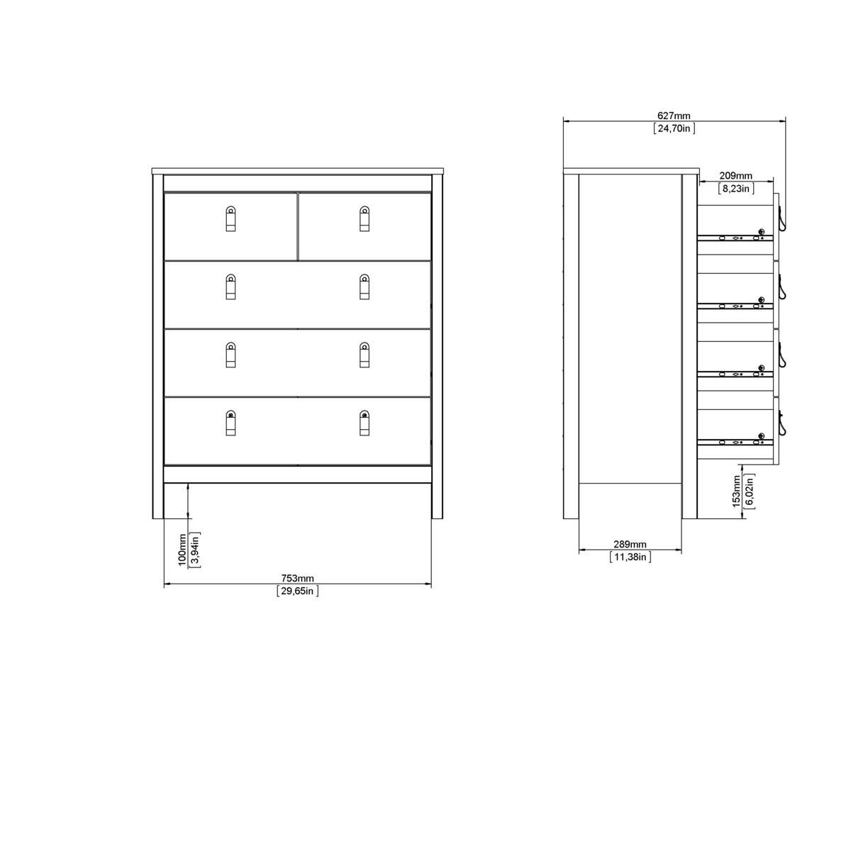 KOMMODE mit 5 Schubladen matt schwarz barcelone 82,3/38,4/98,9 cm - Schwarz, Holzwerkstoff (38.4/98.9/82.3cm) - Calicosy
