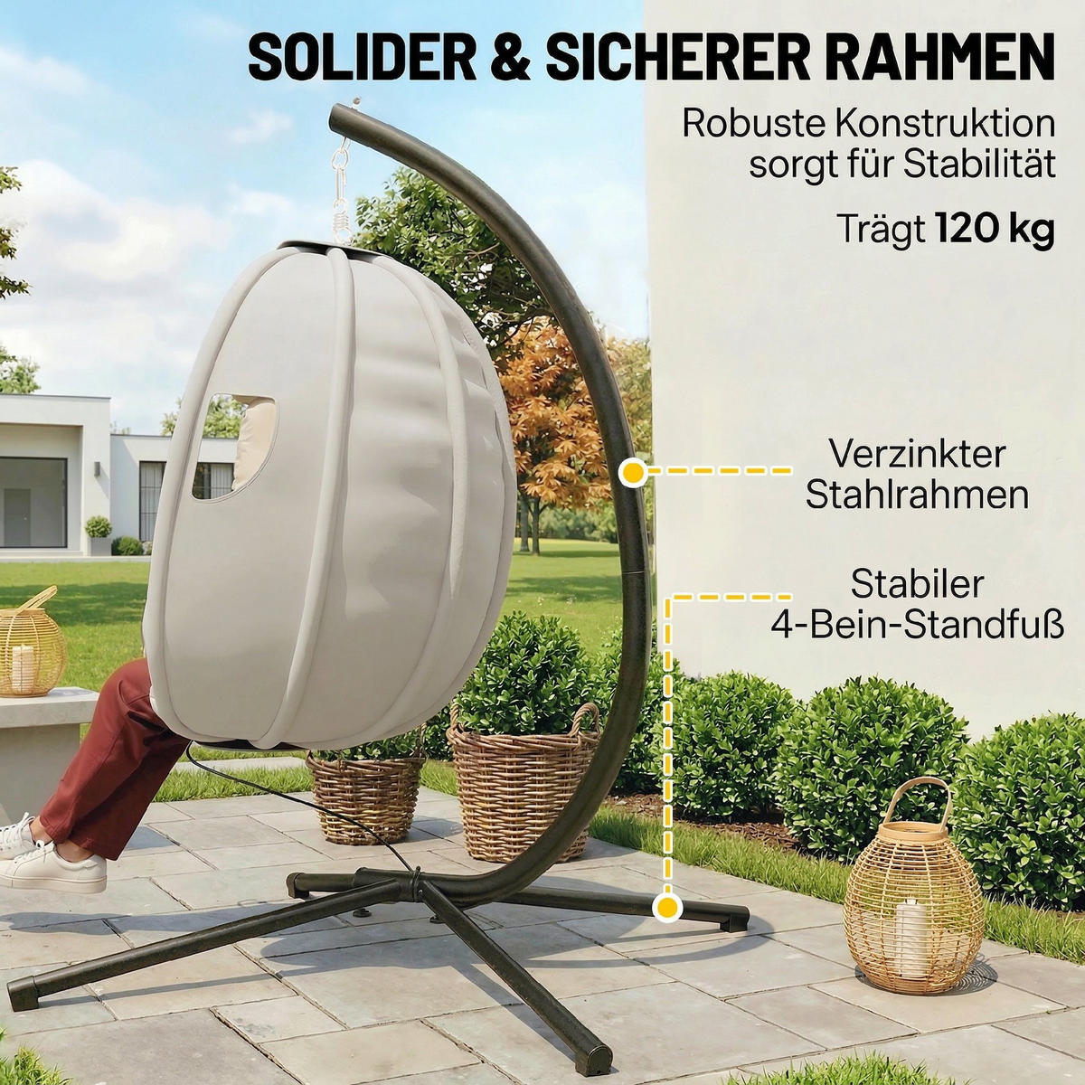 HÄNGESESSEL Verzinkter-Stahl Polyester Hellgrau - Hellgrau/Schwarz, Textil/Metall (95/180/117cm) - Outsunny