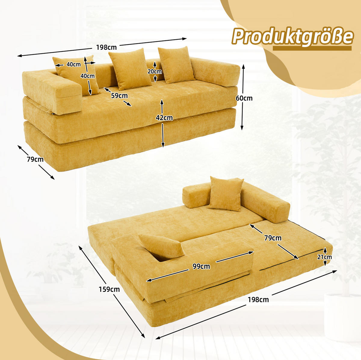 SOFA-BLOCK modular 198 x 79 x 60 cm Chenille Mustard Yellow - Gelb, Kunststoff (31.1/23.62/77.95cm) - Meubliv