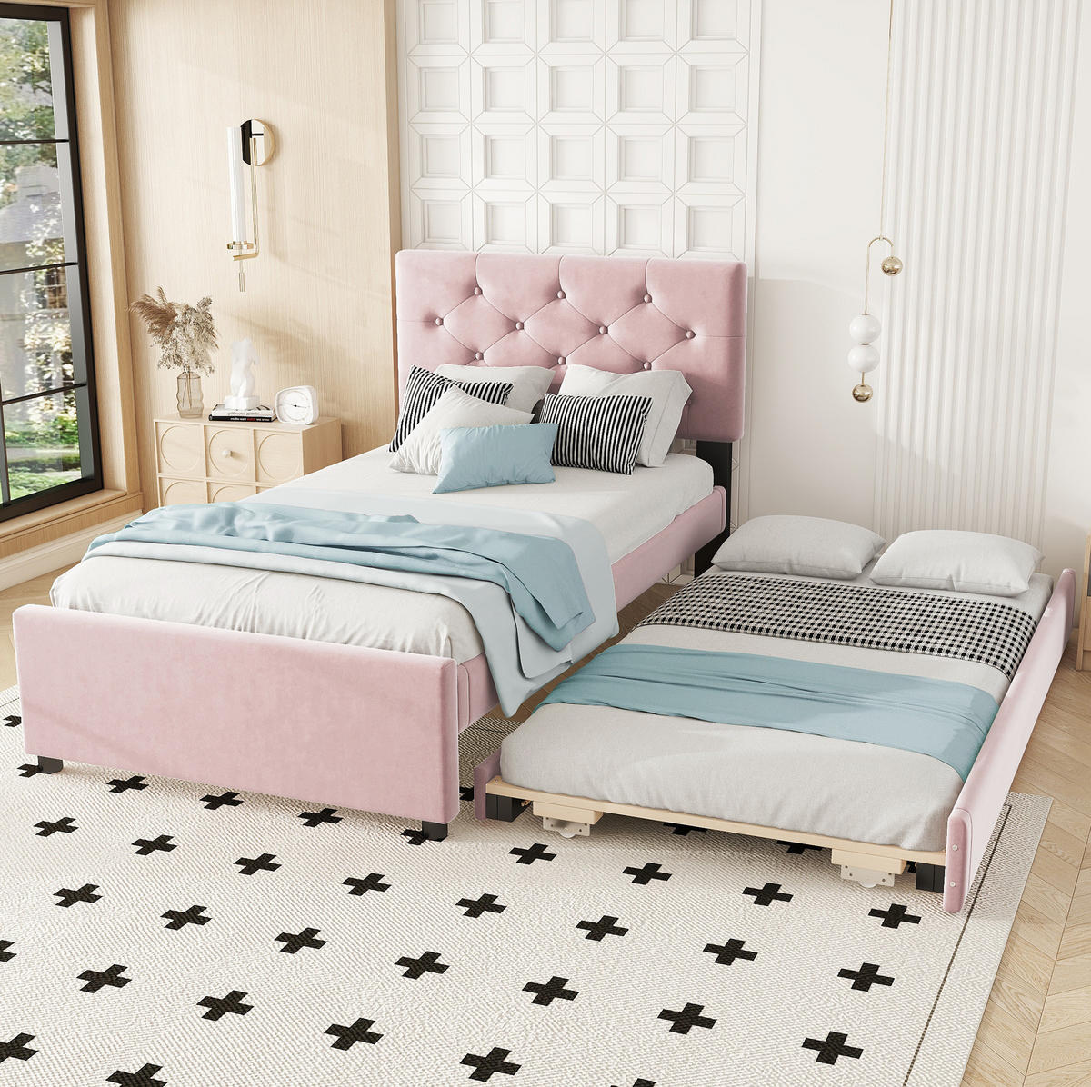 POLSTERBETT 90/200 cm Rosa mit Rollbett und Lattenrost, Samt - Pink, Textil (90/200cm) - MIVRAY