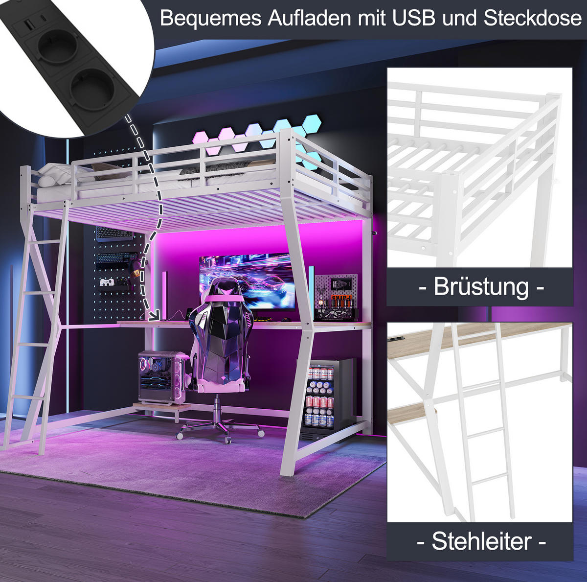 HOCHBETT mit Schreibtisch 140/200 cm in Weiß – mit Treppe, LED-Licht und USB - Weiß, Metall (140/200cm) - BEAOK