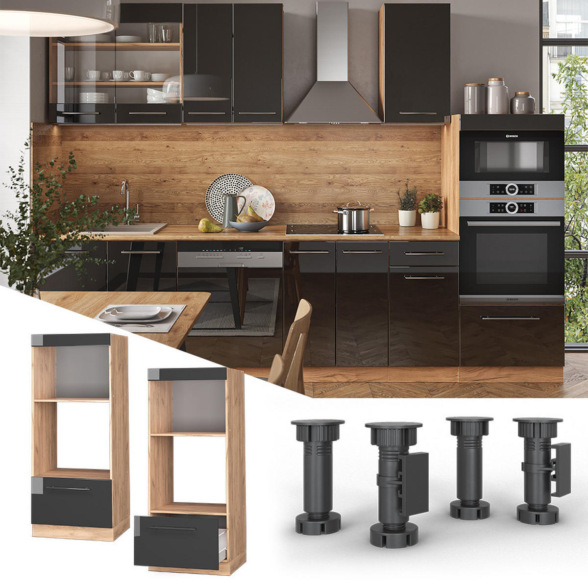 MIKROWELLENSCHRANK Fame-Line Anthrazit Hochglanz 60 cm offen - Honigeiche/Schwarz Hochglanz, Holzwerkstoff (60/153.6/58.1cm) - Vicco