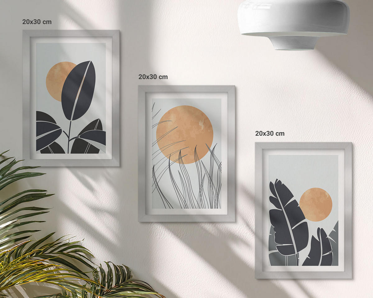 WANDBILDER 3er Set - 20x30 cm Silberner Rahmen - Pflanzenmuster große Sonnen minimalistisch - Silberfarben, Kunststoff (20/30cm) - ArtPrintCave