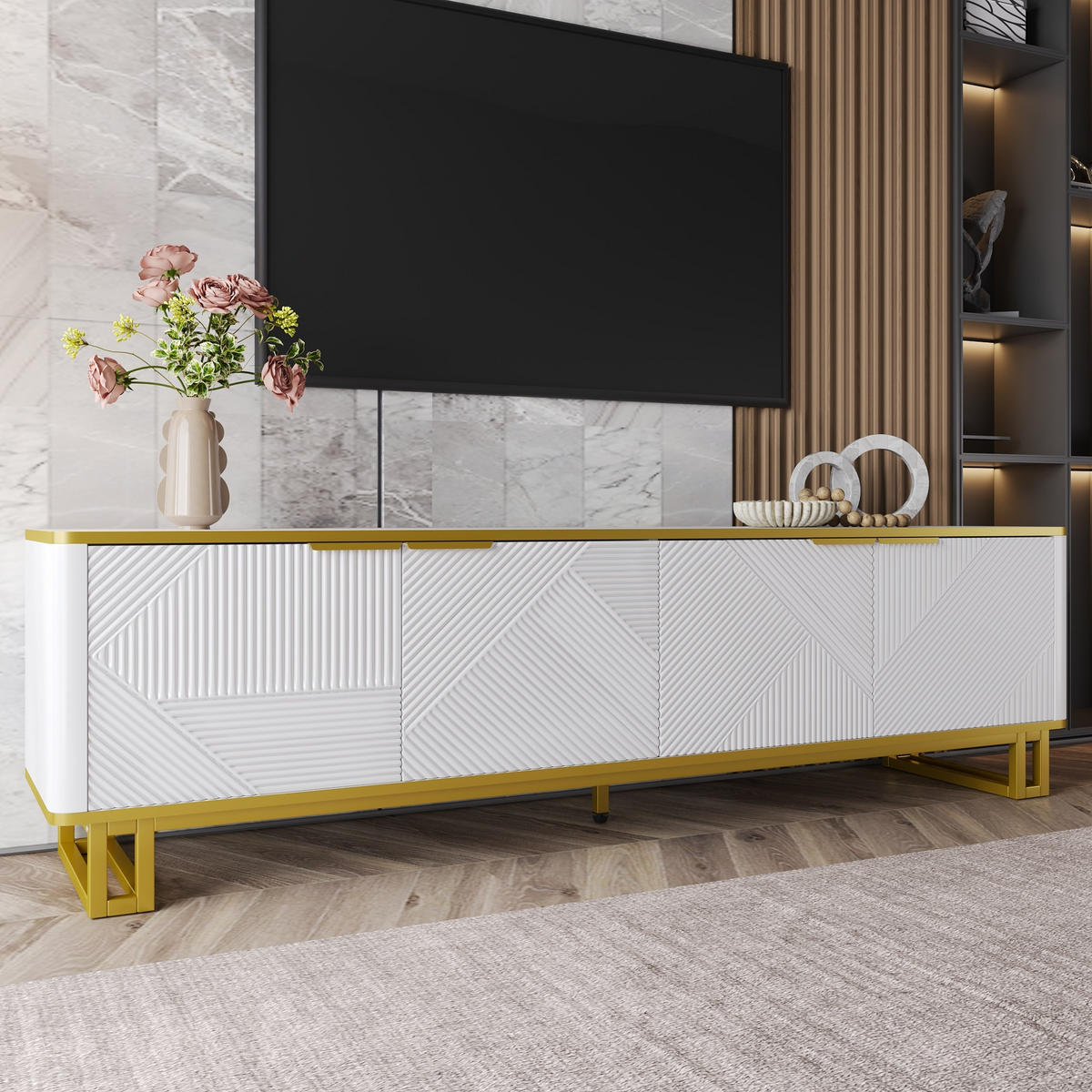 LOWBOARD in Weiß und Gold TV-Schrank mit vier Türen für Wohnzimmer, B160/T37.5/H48 cm - Goldfarben/Weiß, Holzwerkstoff/Metall (160/48/37.5cm) - STILVORA