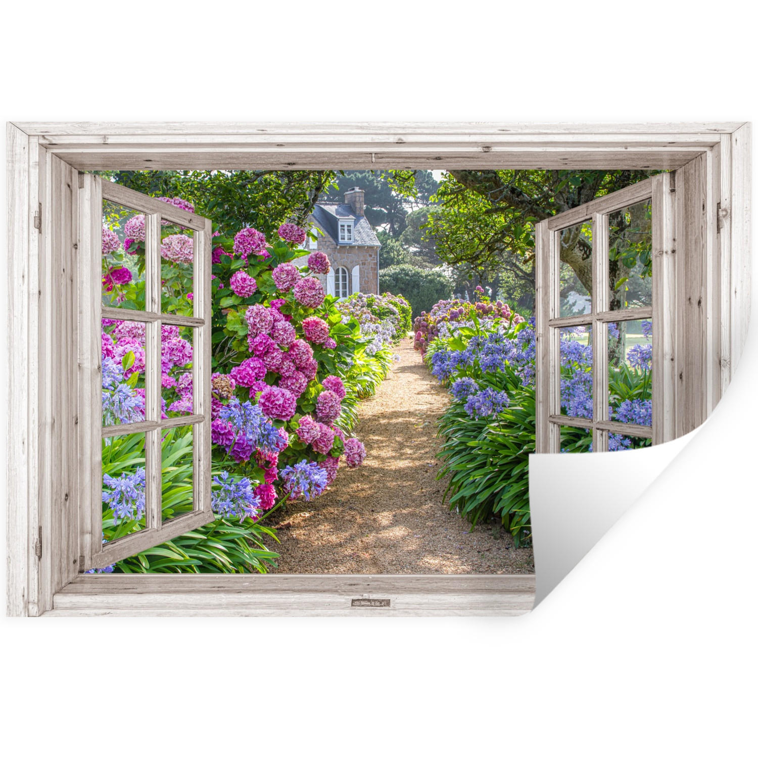 WANDTATTOO Hortensie - Fensterblick - Blumen - Sommer - Lila - Weg 120x80 cm - Lila, Kunststoff (120/80/0.1cm) - MuchoWow
