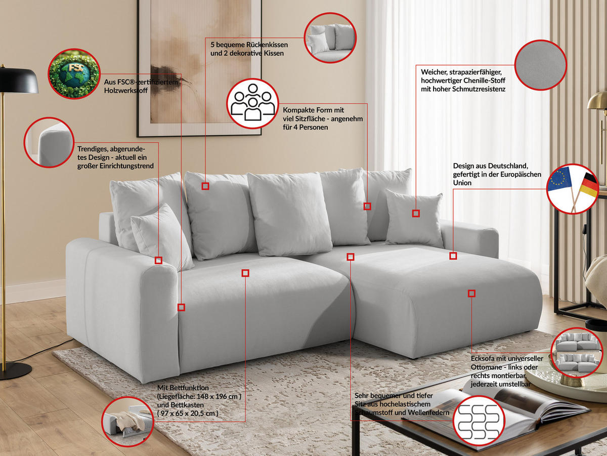 ECKSOFA Calma mit Schlaffunktion und Bettkasten im Bumpy-Design aus weichem Grau Webstoff - Ottomane rechts - Schwarz/Grau, Holz/Kunststoff (140/239cm) - S-Style