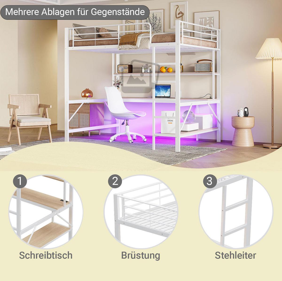 HOCHBETT 140/200 cm in Weiß mit Schreibtisch, Regal und USB/Steckdose - Weiß, Metall (140/200cm) - BEAOK