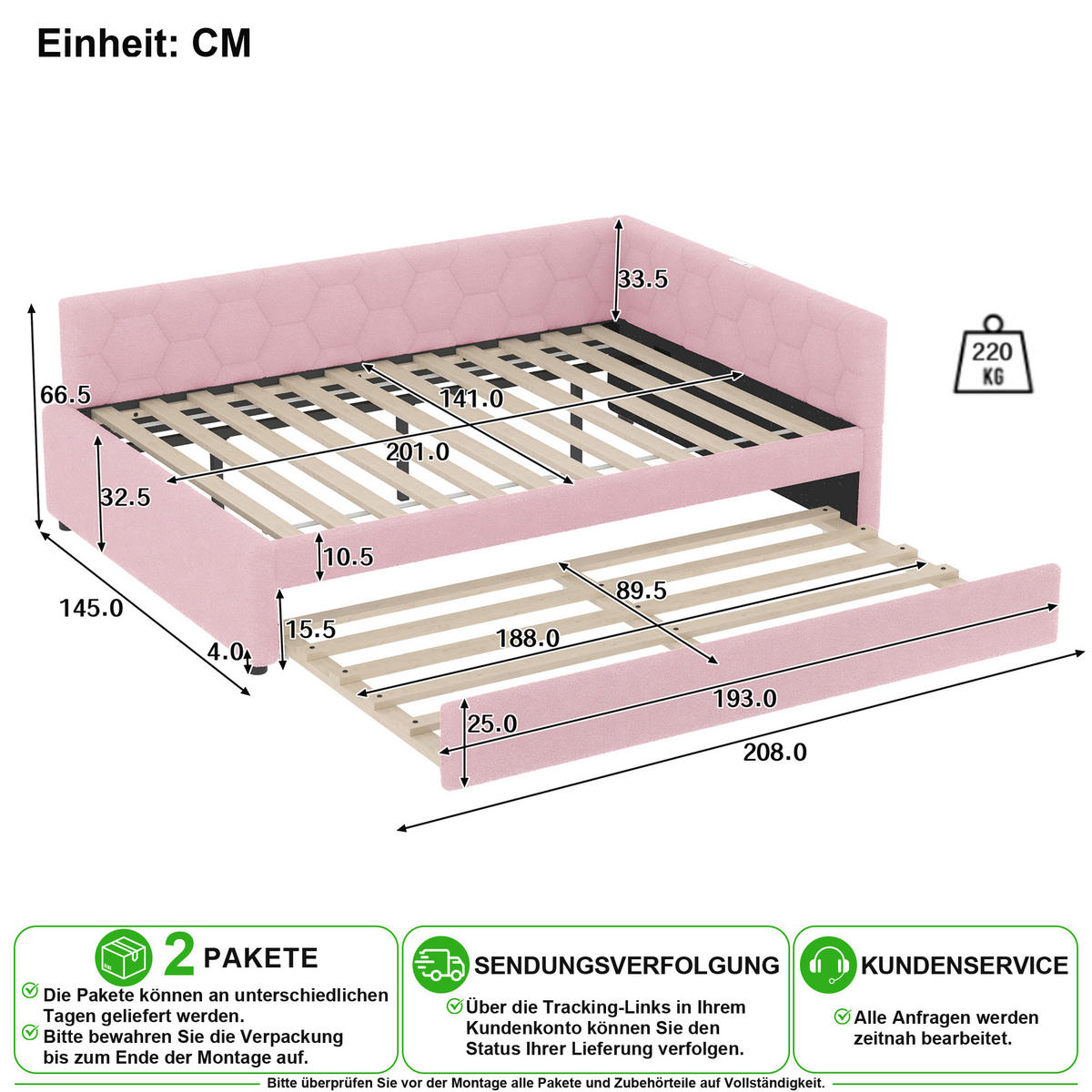 SCHLAFSOFA 140/200 cm & 89,5/188 cm in Rosa mit Ausziehbett, USB, Type-C und Leselampe - Rosa, Holzwerkstoff/Textil (140/200cm) - CHICFURN