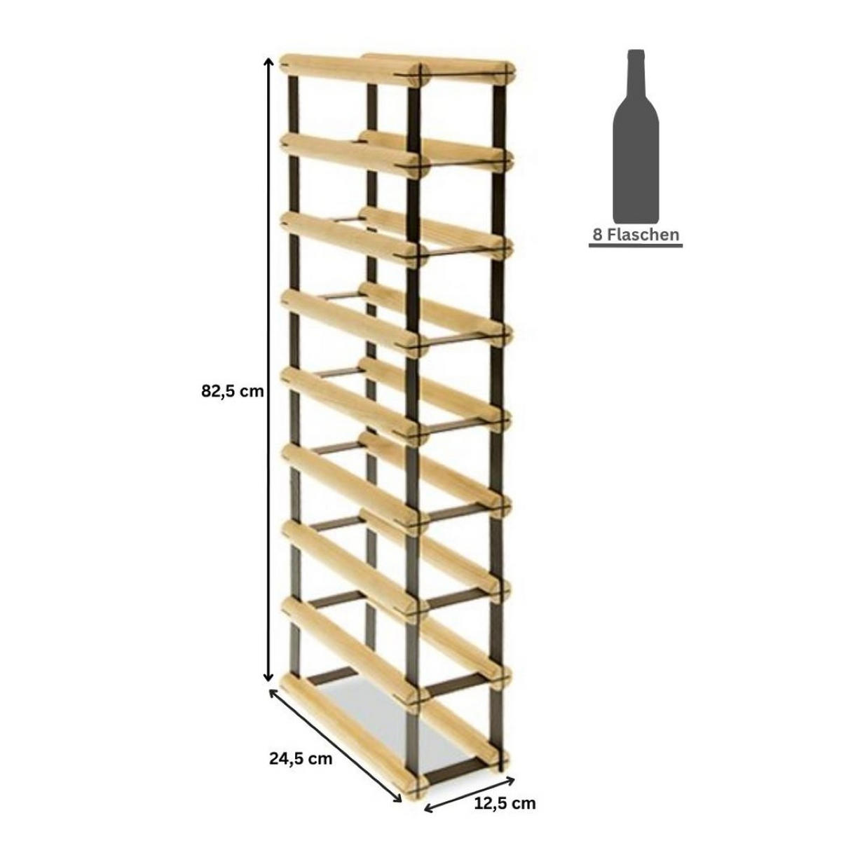 WEINREGAL Vinotega Mod Metal 82,5x12,5x24,5 cm 1x8 Flaschen Massives Kiefernholz Natur - Naturfarben, Holz (12.5/82.5/24.5cm) - PROREGAL