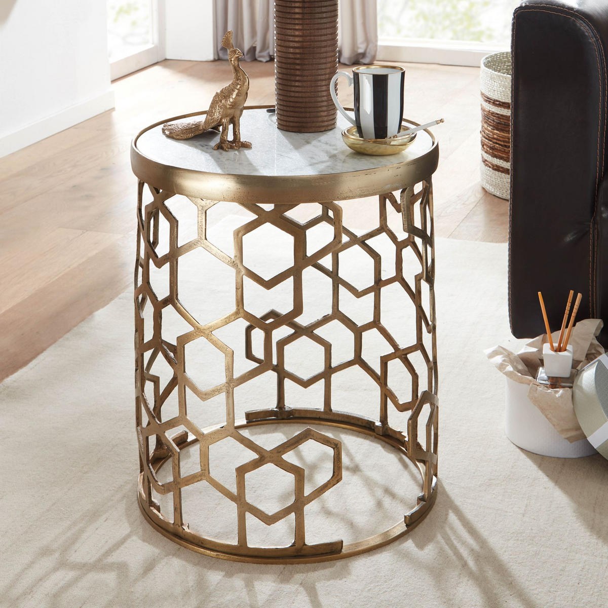 BEISTELLTISCH – Rund Marmoroptik Goldfarben Metall 44 cm Durchmesser - Goldfarben/Weiß, Stein/Metall (46/46/55cm) - KADIMA DESIGN