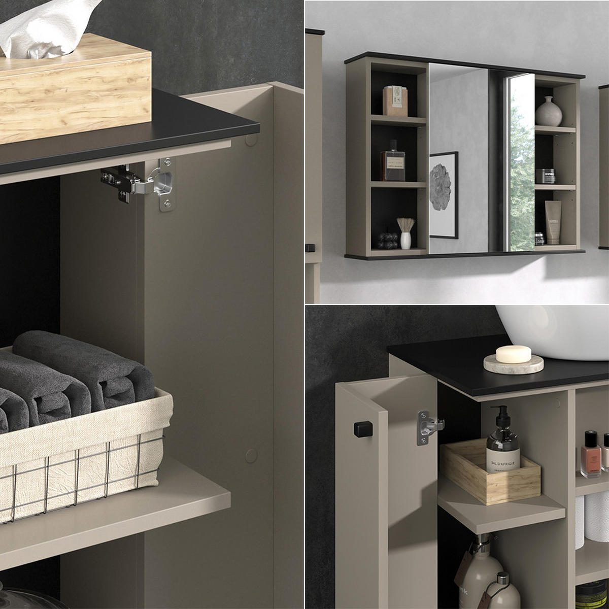 BADMÖBEL-SET Joli Greige 3 Teile, mit Midischrank - Greige/Schwarz, Holzwerkstoff (80/59/37cm) - Vicco