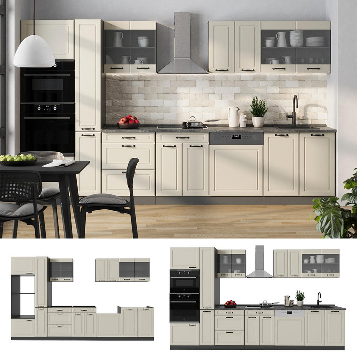 KÜCHENZEILE R-Line, Sand Landhaus/Anthrazit, 350 cm Arbeitsplatte Goldkraft Eiche - Beige/Anthrazit, Holzwerkstoff (350/206.8/60cm) - Vicco