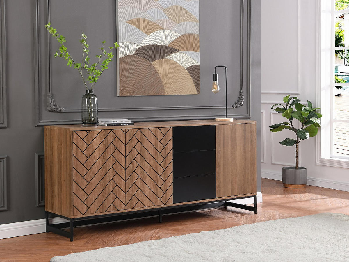 SIDEBOARD mit 3 Türen & 3 Schubladen - MDF - Naturfarben & Schwarz - CARATANA - Naturfarben, Holz (180/80/40cm) - Vente-Unique