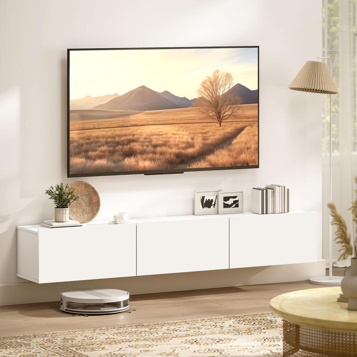 TV Schrank Lowboard hängend 180 cm für Fernseher bis zu 82 Zoll Weiß - Weiß Hochglanz/Weiß, Holzwerkstoff (31.5/29.8/180cm) - HOMCOM
