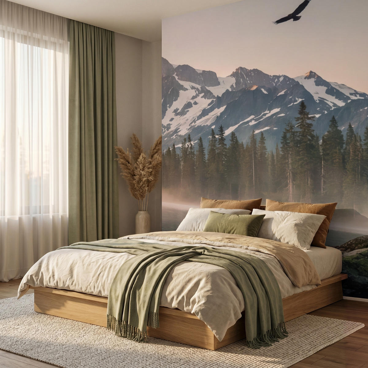 TAPETE - Berge - Wasser - Bäume - 260x300 cm - Multicolor, Papier (260/300cm) - OnlyWow