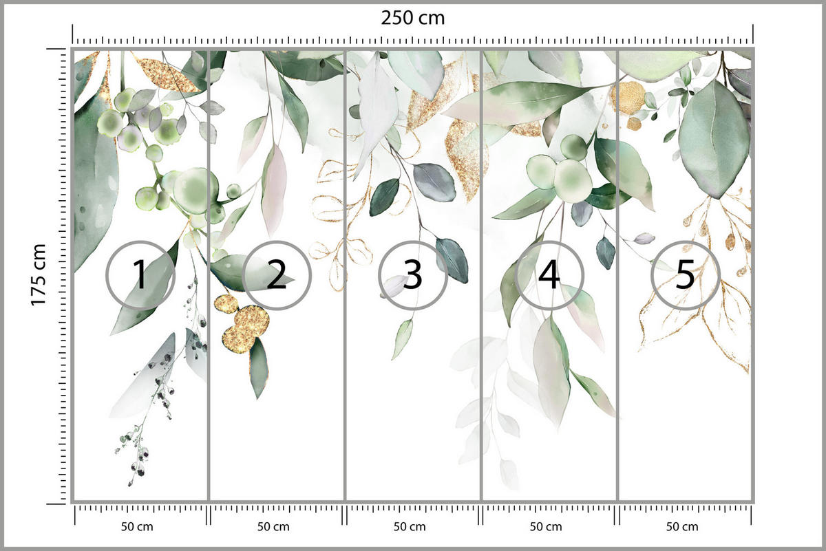 FOTOTAPETE für Schlafzimmer Aquarell Blätter Eukalyptus Weiß 250x175 - Gelb/Weiß, Papier (250/175cm) - Muralo
