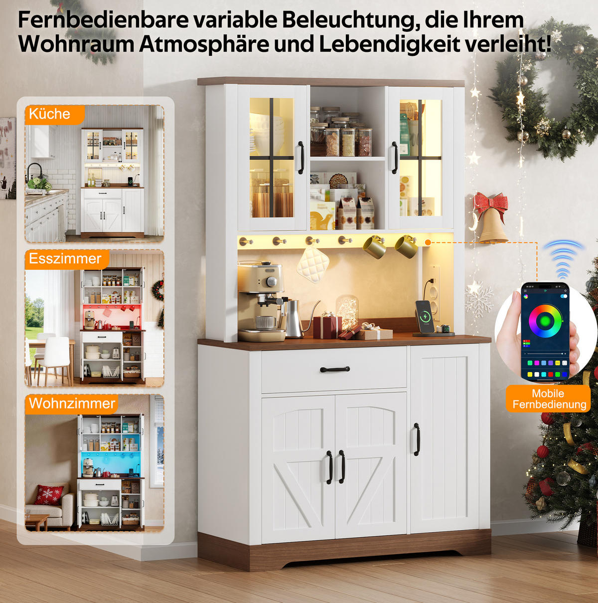 BUFFET aus MDF 105x40x185 cm Natur/Weiß mit LED-Beleuchtung, Steckdosenmodul und verstellbaren Einlegeböden - Naturfarben, Holzwerkstoff (105/185/40cm) - Modfu