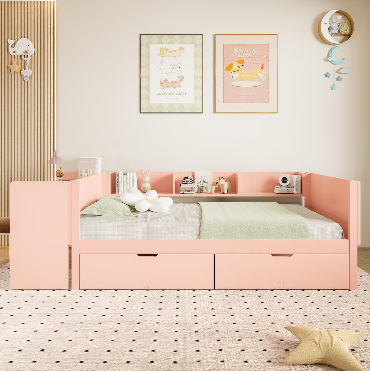 RAHMENBETT 90/200 cm mit Schreibtisch und 2 Schubladen in Rosa - Rosa, Holz - BEAOK