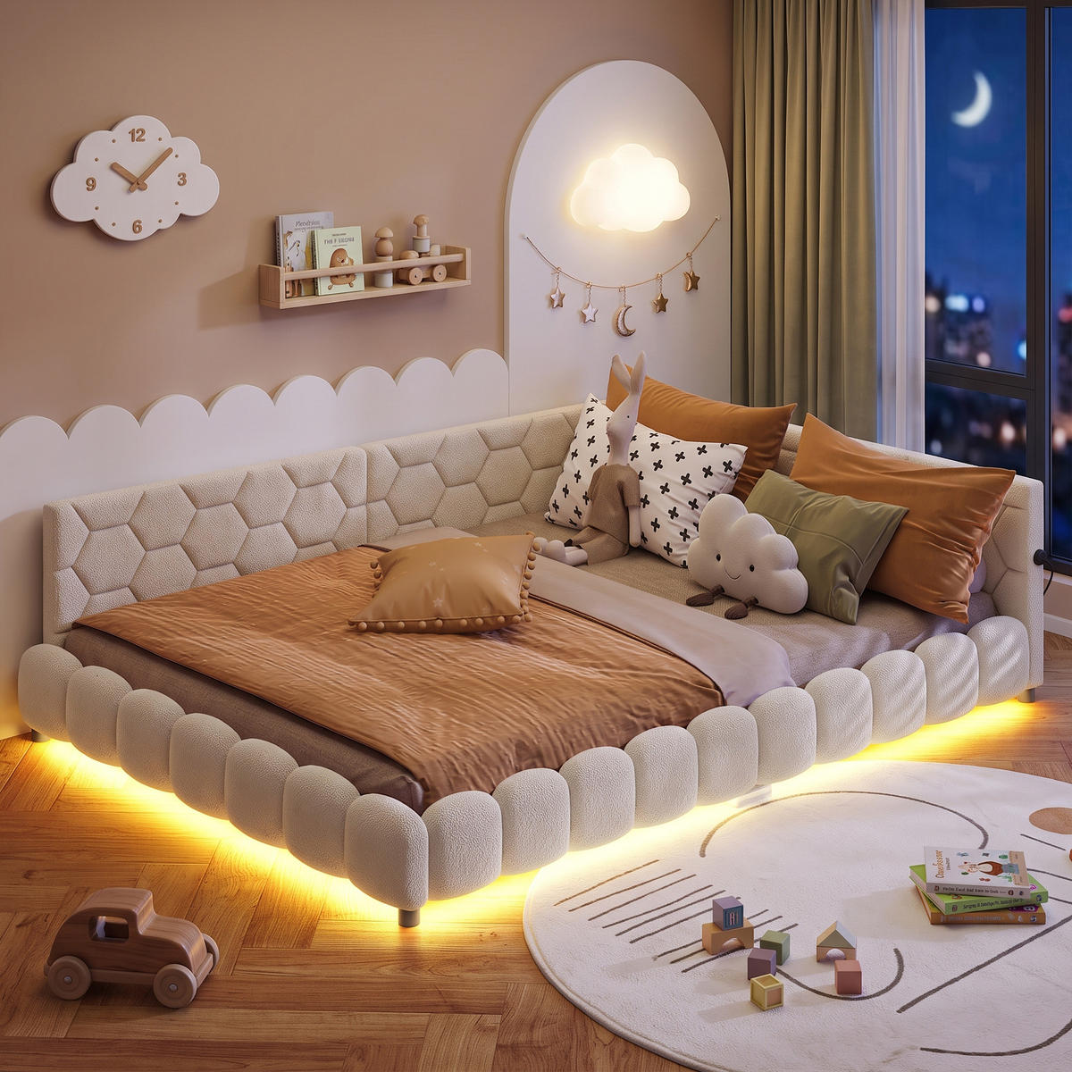 POLSTERBETT 140x200 mit USB und LED, Doppelbett 140x200 cm mit Lattenrost, Jugendbett, Samt, Weiß - Weiß, Holz/Textil (140/200cm) - GENKI LIVING