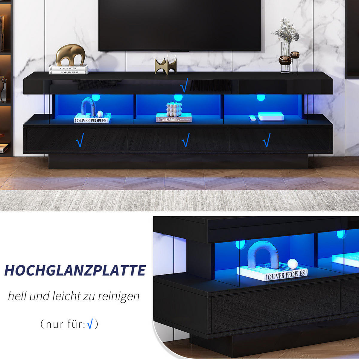 TV-STÄNDER 160x38cm Hochglanz LED-Beleuchtung App-Steuerung Schwarz Glasablagen - Schwarz, Holz (40.5/29/63.5cm) - FLIEKS