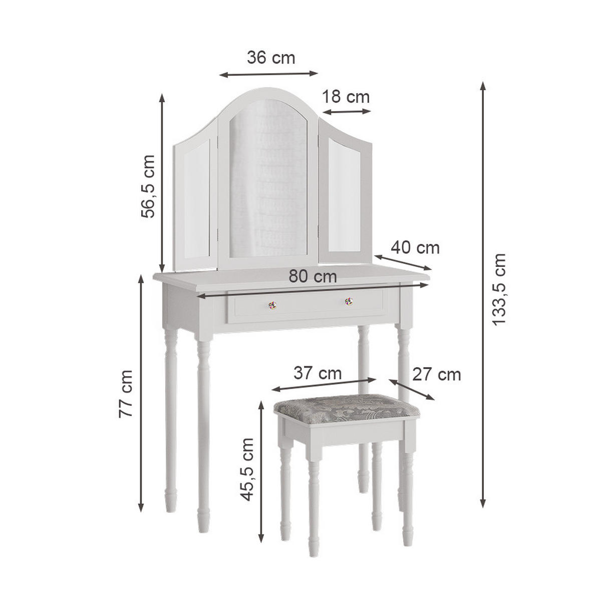 SCHMINKTISCH Kate Weiß 80 cm mit Hocker - Weiß, Holzwerkstoff (80/133.5/40cm) - Vicco