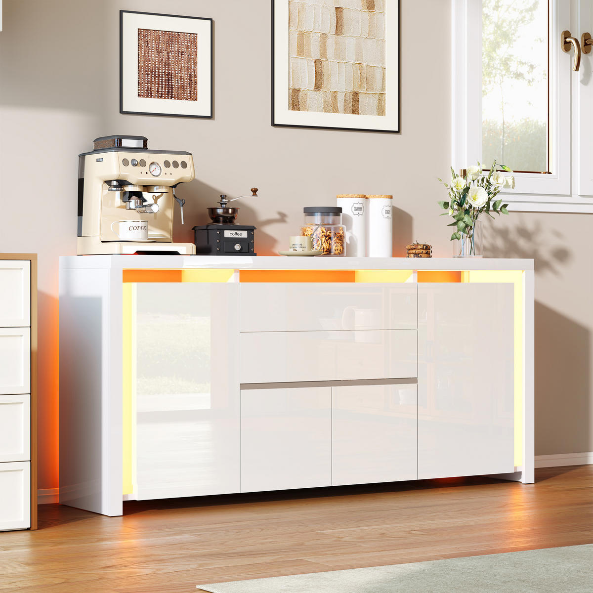 SIDEBOARD hochglanz weiß, 4 Türen, 2 Schubladen, LED-Beleuchtung, modern - Weiß, Holz (160/75/35cm) - EuroLiving