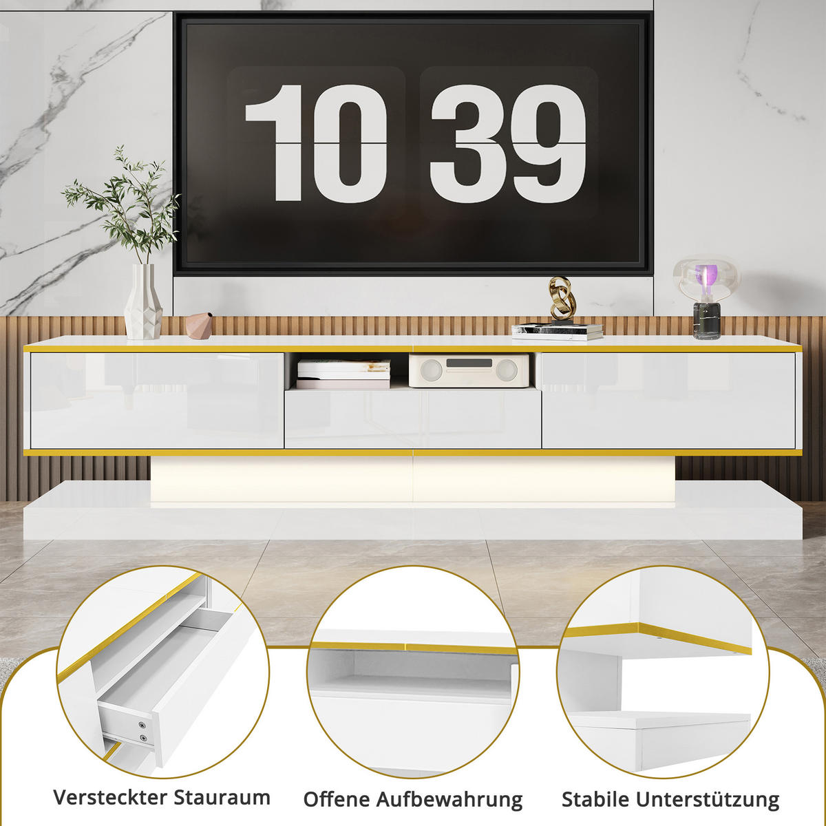 LOWBOARD in Weiß und Gold mit 3 Schubladen und LED-Beleuchtung für Wohnzimmer, B180/T38/H45 cm - Weiß, Holzwerkstoff/Metall (180/45/38cm) - STILVORA
