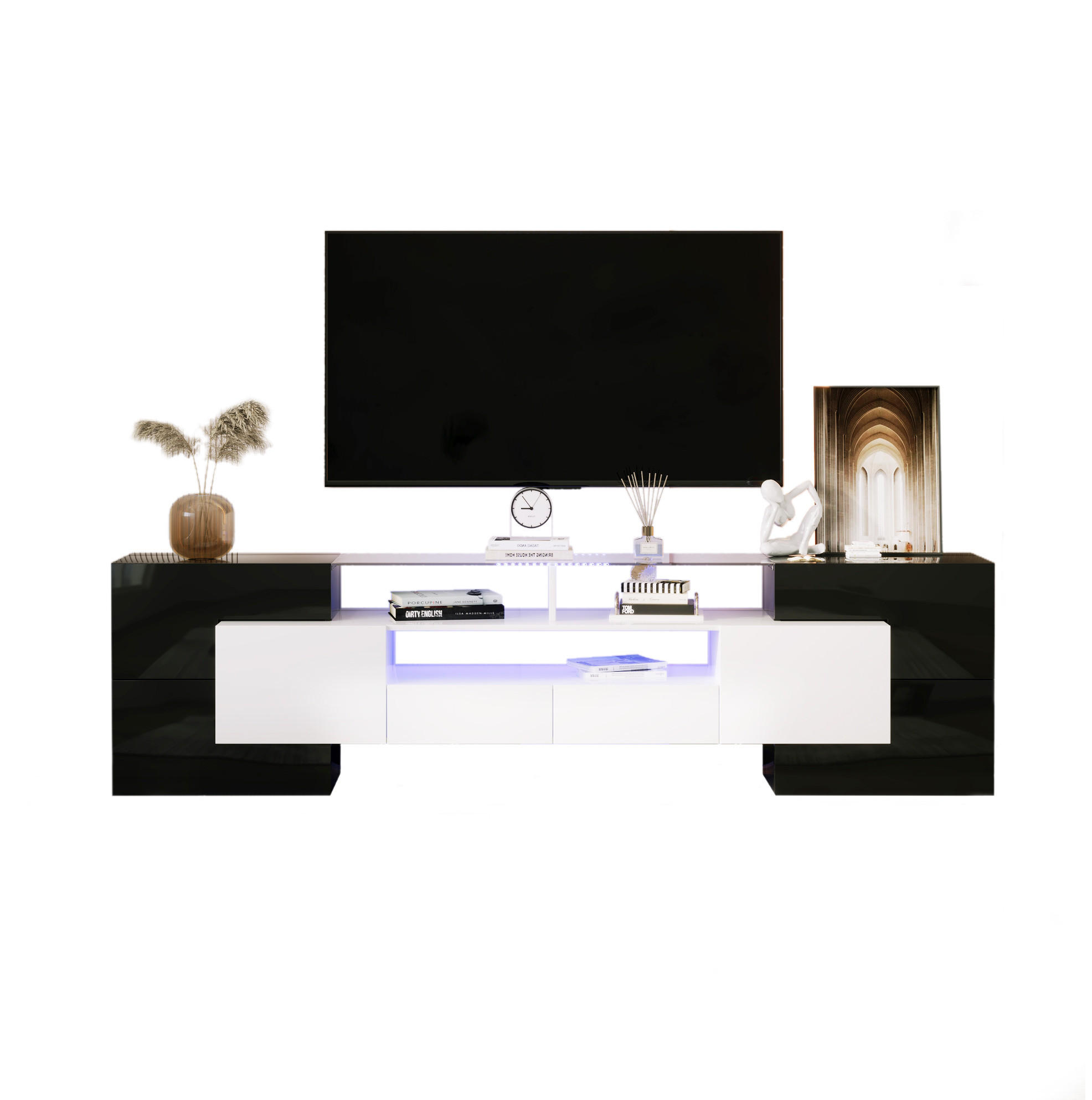 TV-SCHRANK in Schwarz-Weiß Hochglanz mit LED 200/35/60 cm - Schwarz, Holzwerkstoff (200/60/35cm) - Redom