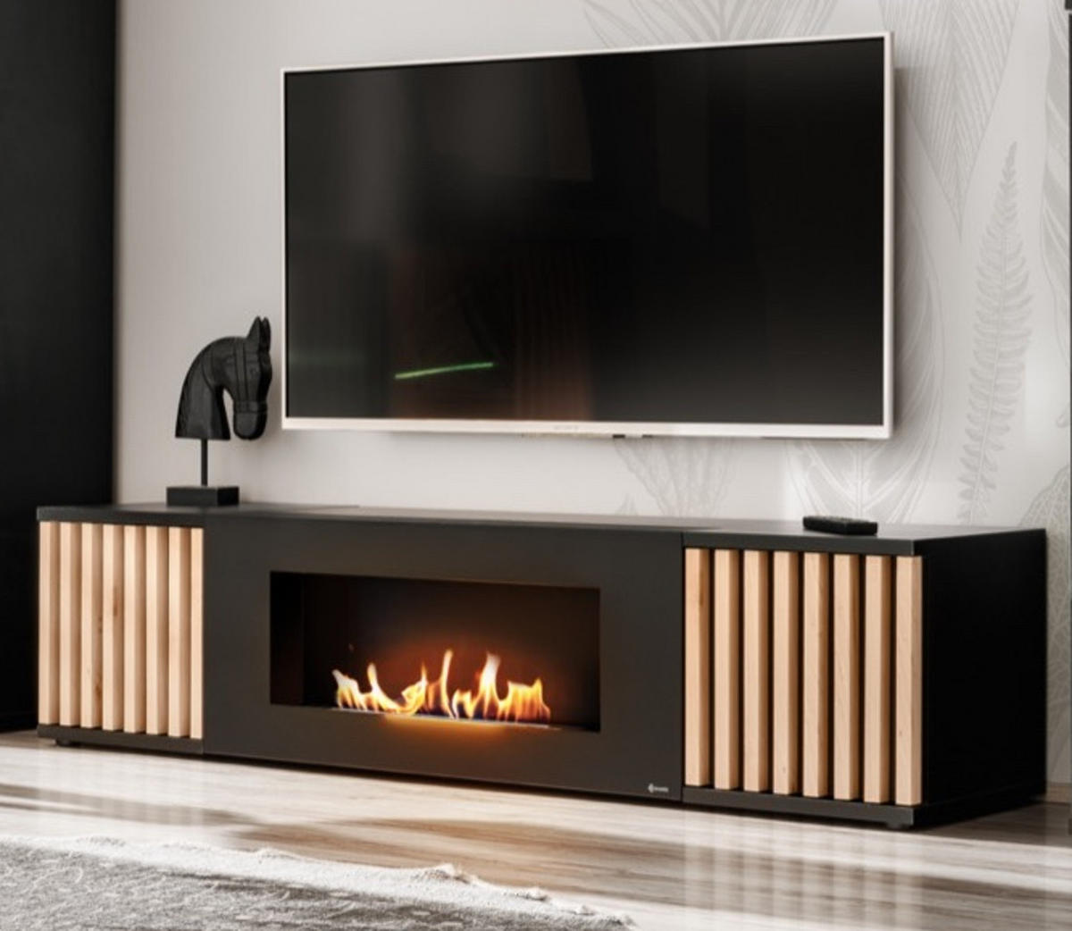 TV-LOWBOARD schwarz, Eiche Jackson 163 cm, TV Unterteil mit Bio Ethanol Kamin - Eichefarben/Schwarz, Holzwerkstoff/Kunststoff (163/42/45cm) - Furn.Design