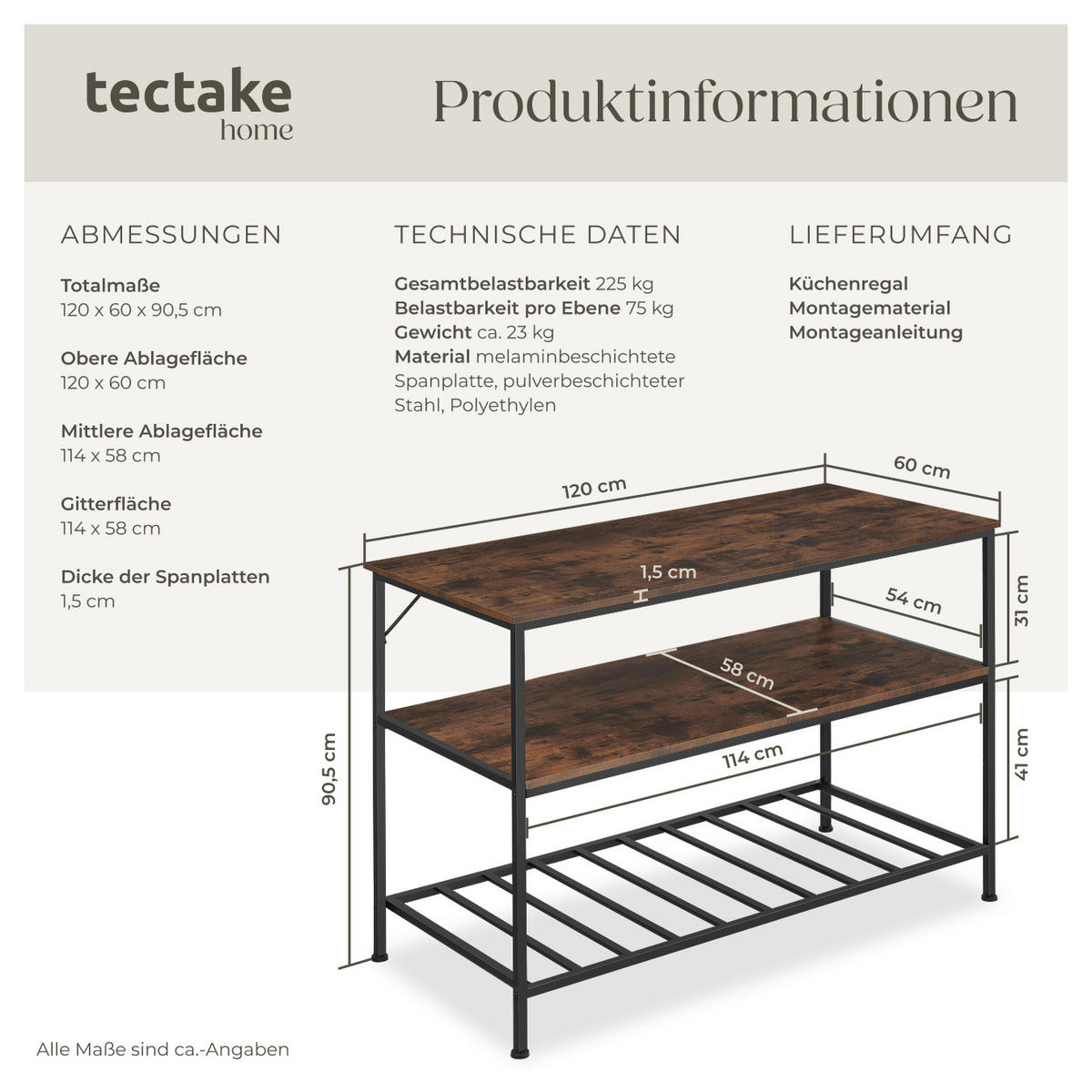 KÜCHENREGAL Akeley, 120 x 60 x 90, 5 cm, Industrial Holz dunkel, rustikal - Rostfarben, Holzwerkstoff (60/90.5/120cm) - tectake
