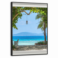 LEINWAND Bilder mit Rahmen - Aussicht - Baum - Meer - Palme - Hügel - Strand - Blau - 50x70 - Blau, Textil (50/70cm) - MuchoWow